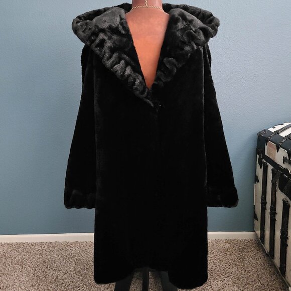 ALPINE STUDIO ~ Black Faux Mink Coat with Hood ~ XL ~ 38” L